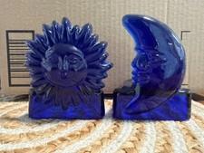 Vtg 90's Celestial Cobalt Blue Glass Star Sun Moon Votive Holder Tea Light Set