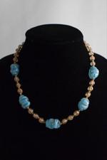 Vtg Robin Light Blue Gold Foiled Murano Art Glass Beaded Necklace
