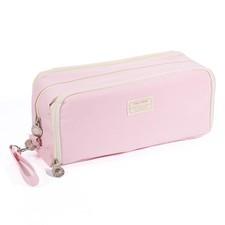 3 Compartment Pink Pencil Case Large Pouch Removable Handle Zipper Organizer