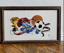 Vintage Crewel Sports Rustic Framed Sports Equipment Embroidered Wall Art