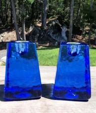 Fire & Light Recycled Glass Candle Holders Cobalt Blue 3 1/4" Set Of 2 Signed