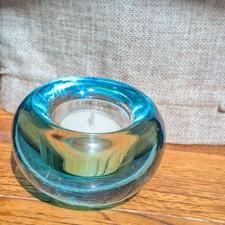 Vtg Ikea Heavy Teal/Aqua Glass Tea Light Votive Candle Holder 3.5" Wide Wedding