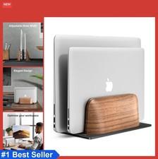 Vertical Laptop Stand Dual Slot Wooden Width Adjustable Walnut Aluminum for