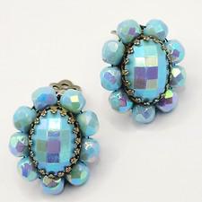 Light Blue Faceted Bead Oval Cabochon Sparkling Fancy Vintage Clip On Earrings