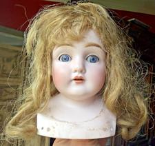 Antique German Bisque Shoulder Head Doll 5.5" Blue Sleep Eyes Mohair Wig