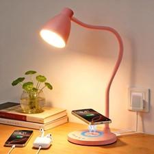 Cute Pink Aluminum Desk Lamp with Usb C+A Charging Ports, Wireless Charger, 5...