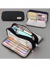 Black Large Capacity Pencil Case 21x9x5cm Dual Compartment Organizer