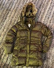 Gap Kids Green Puffer Coat Hooded Faux Fur Trim Down Mid-Length Size M