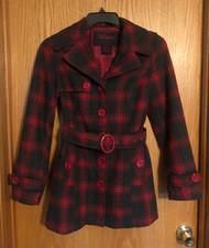 Jou Jou Junior's Medium Size 7 red and black Plaid Wool Polyester Coat Jacket
