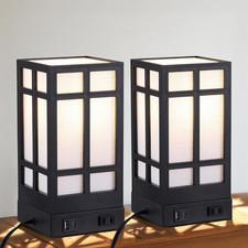 Beside Table Lamp set of 2 with AC Outlet, Usb A & C Charging Port,Small Rectang