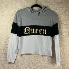 On Fire Hoodie Sweatshirt Womens M Gray Black Queen Graphic Pullover Color Block