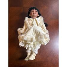 Victorian Style Porcelain Doll Cloth Body Cream Dress Faux Fur Winter