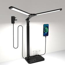 Led Desk Lamp with Dual Heads, Height Adjustable, Usb Charging Port, Dimmable