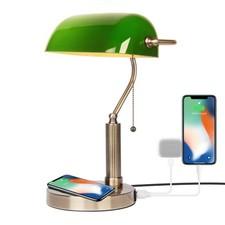 Glass Bankers Desk Lamp,Usb Wireless Charging Port Led Desk Lamp, Classic Ret...