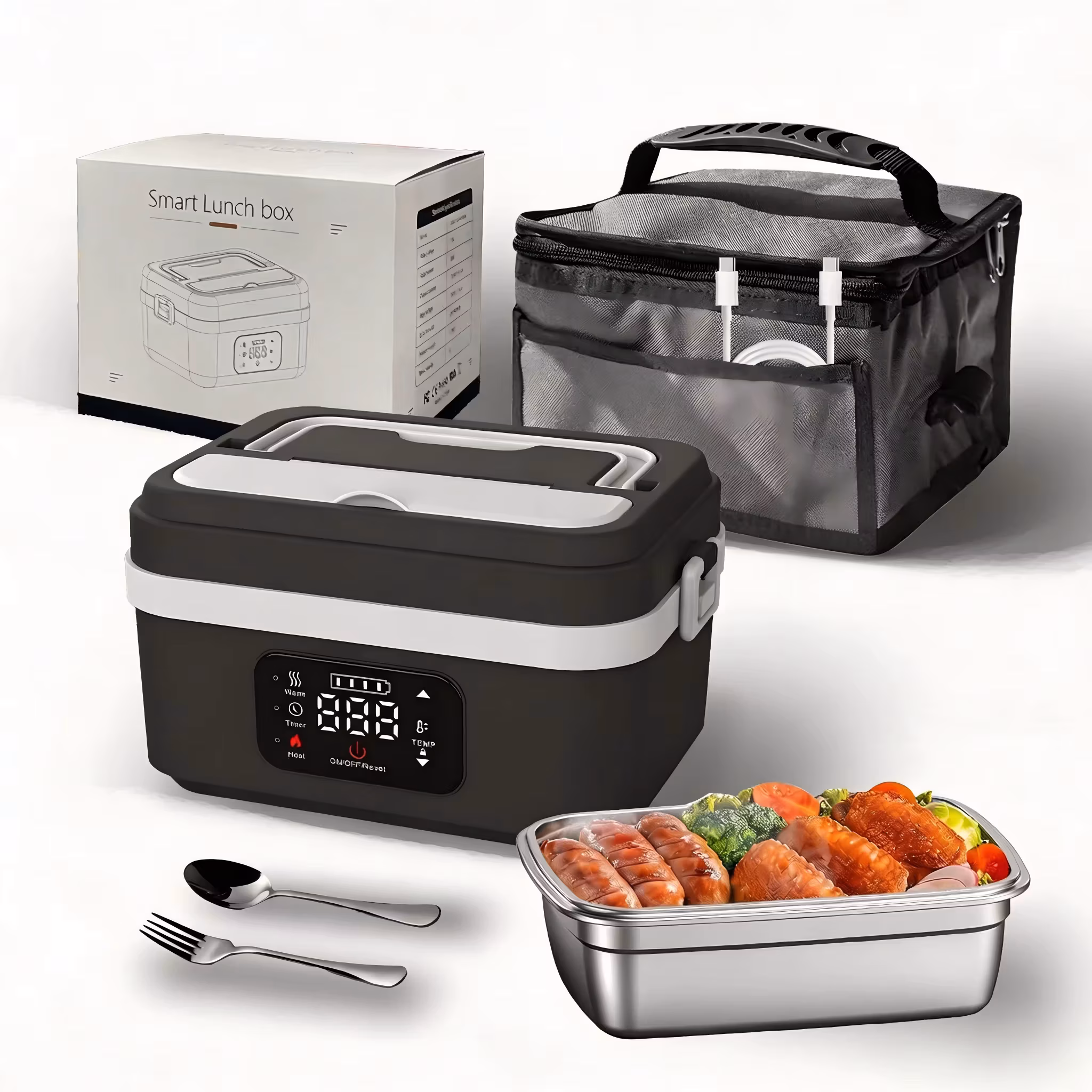 Wireless Heated Lunch Box, 60W Heating 8000mAh Rechargeable Electric Lunch Box, 1L Stainless Steel Portable Food Warmer for Office Work School