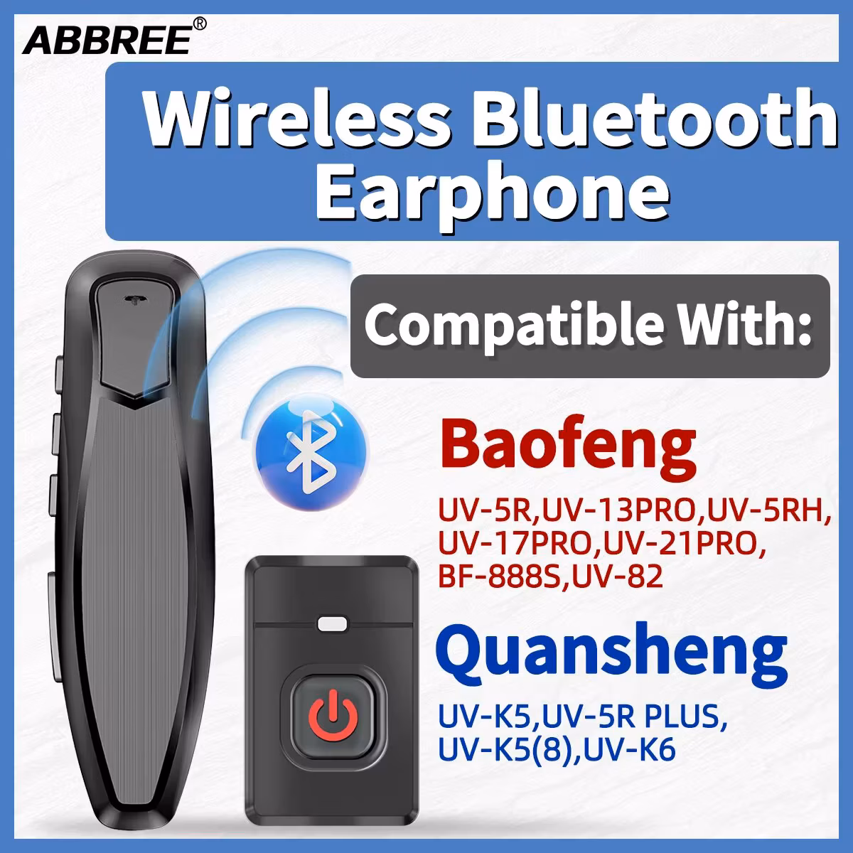 Abbree Wireless Headset Bluetooth Ptt Handsfree Earpiece with for Baofeng UV 5R 82 21 13 17 888S Quansheng UV K5 (8) 5R Plus K6