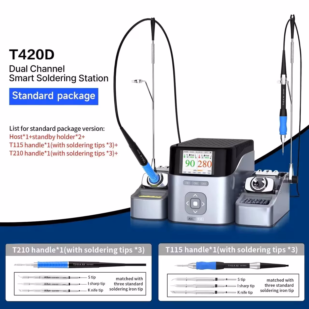 Aixun T420D Intelligent Double Welding Station with Handle Seat T245 T210 T115 Welding Handle Iron Tips for Pcb Bga Repair