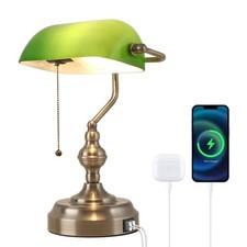 Green Glass Bankers Desk Lamp with Usb Charging Port and Pull Chain Switch