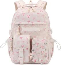 Beige Bow School Backpack Teen Girls Middle High Student Laptop Travel Daypack