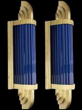 2 PC Vintage Art Deco Blue Glass Rod And Brass Wall Sconce Light Skyscraper #G51